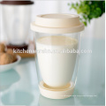 2016 Haonai double wall glass cup with silicone lid/borosilicate glass milk cup/heat resistant coffee tumbler.